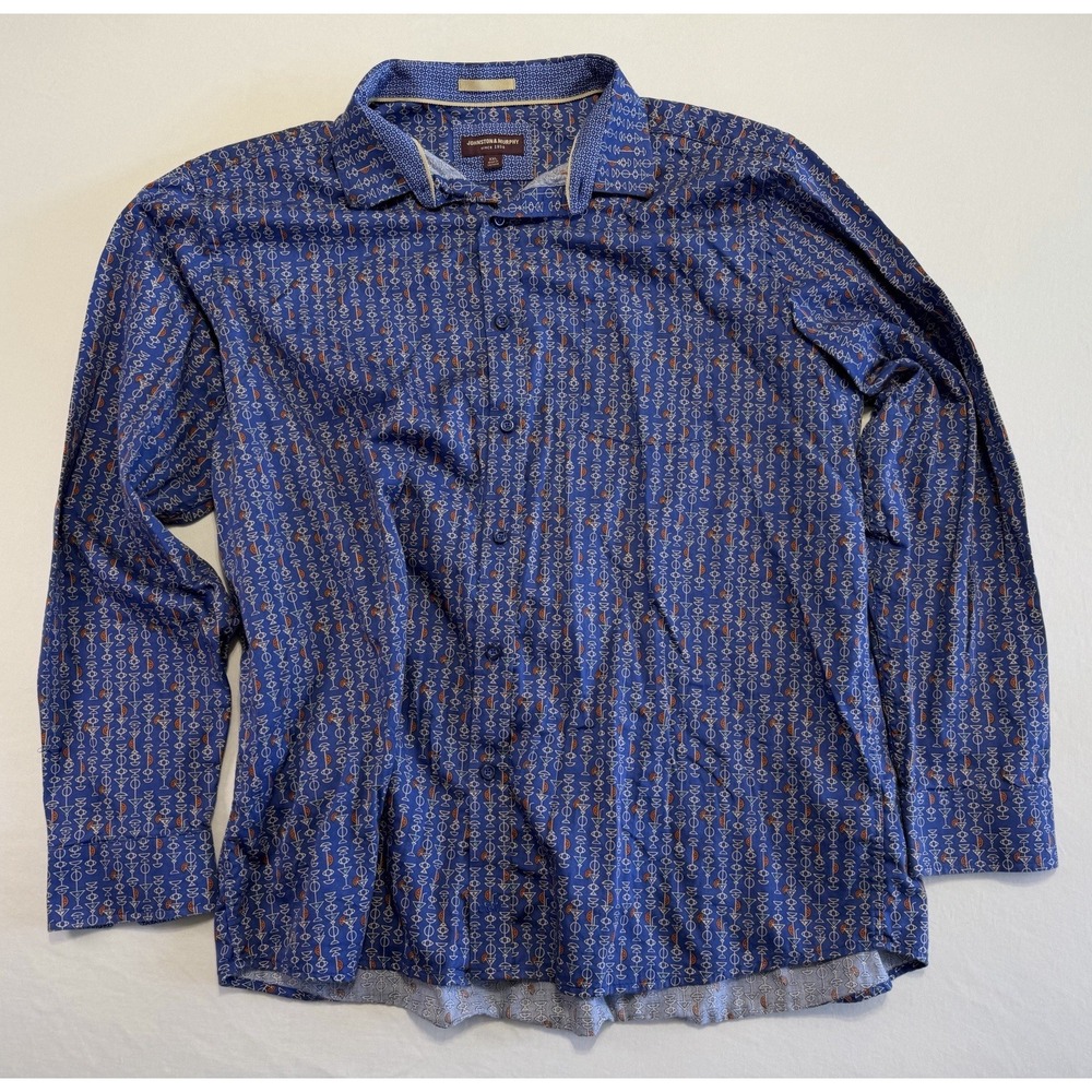 Johnston & Murphy Mens XXL Blue Geometric Button Down Cotton Shirt 74-8930